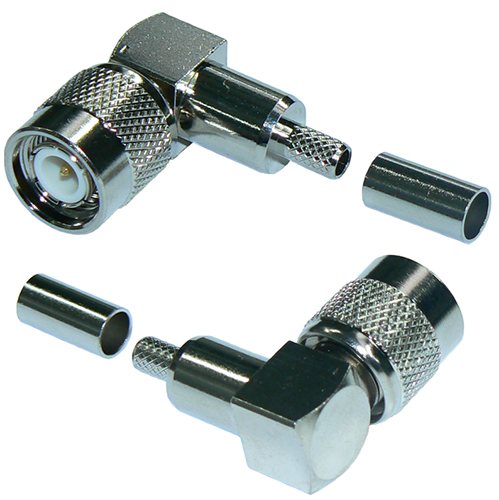 TNC right-angle male crimp connector for RG58 coaxial cables, DC-11 GHz, 50 Ohms - nickel plated