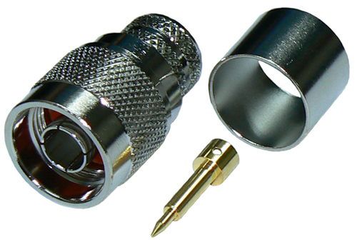 N-type male solder pin, crimp connector for RU600 low loss, solid core, foam PE dielectric coaxial cable, DC-11 GHz, 50 Ohms - tri-metal plated