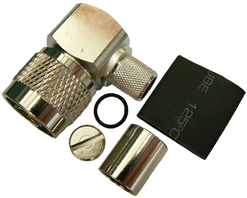 Right-angle N-type male solder pin, crimp connector for RU400 low loss cable and RG8 cable, DC-11 GHz, 50 Ohms - tri-metal plated