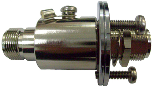 RF MAX gas tube coaxial flanged surge protector, N-type female to N-type female bulkhead, 230V DC sparkover, 40 Watts P/R, up to 2.5GHz