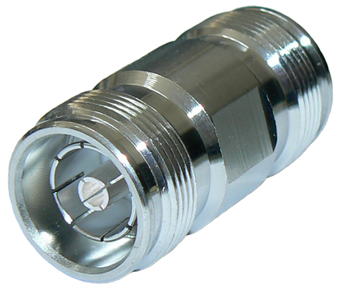 Type 4.3-10 female screw-type to Type 4.3-10 female screw-type straight intra-series adaptor, low PIM, DC-12 GHz, 50 Ohms - tri-metal plated
