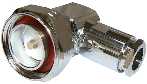 Right-angle 7/16" DIN male clamp-style connector for RU400 low loss, solid conductor coaxial cable, DC-3 GHz, 50 Ohms - tri-metal plated