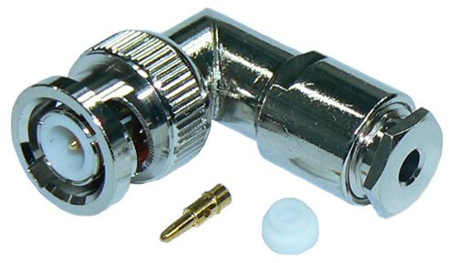 Right-angle BNC male solder pin, clamp connector for RG174A/U coaxial cable and RG316 coaxial cable, DC-3 GHz, 50 Ohms - nickel plated