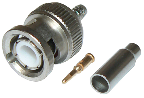 BNC male crimp plug connector for RG179 miniature, teflon dielectric coaxial cable, 75 Ohms - nickel plated