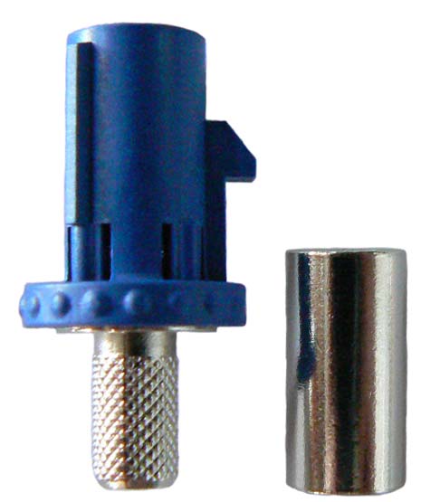 Fakra SMB male, solder pin, crimp connector for RG58 coaxial cables, DC-6 GHz, 50 Ohms - Signal blue - Code C GPS, RAL 5005