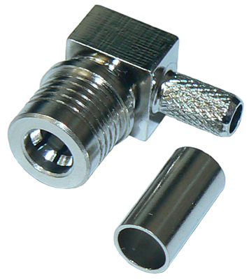 QMA 'quick-lock' right-angle male solder and crimp connector for MIL-SPEC RG58 coaxial cables, DC-6 GHz, 50 Ohms - nickel plated