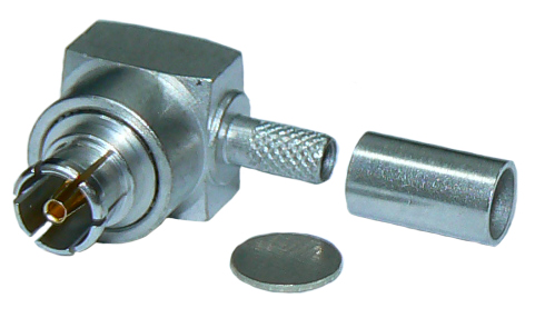 Right-angle P-SMP female body, female crimp pin, crimp-style connector for RG316 or RU100 coaxial cable, DC-10 GHz, 50 Ohms - nickel plated