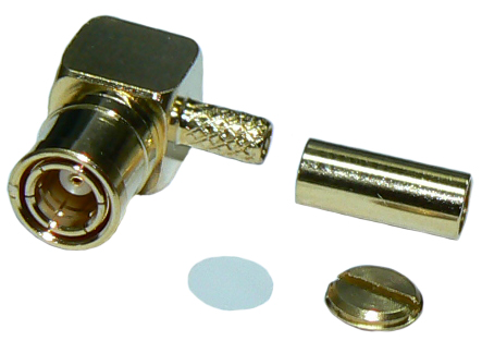 Right-angle SMB male body, female pin, crimp connector for LMR100, RG316 or equivalent, DC-4 GHz - gold plated
