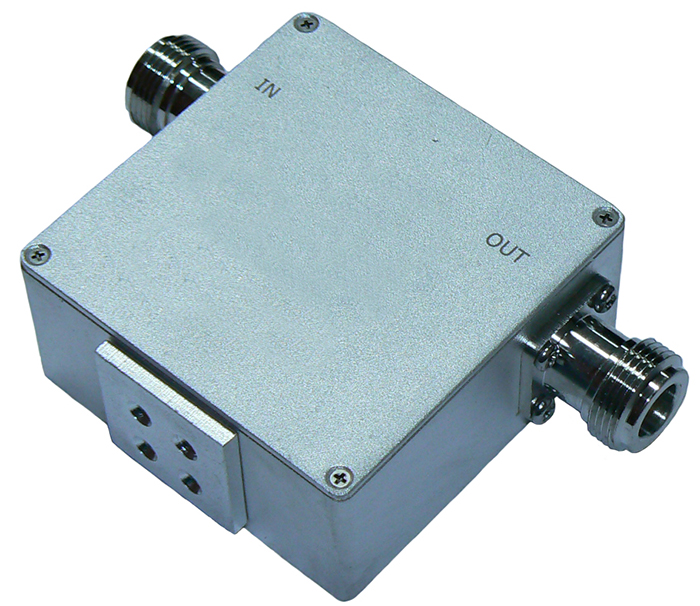 FM Radio coaxial isolator, 87.5-108 MHz, 100W, N-type female terminations, 0.6dB insertion loss - 60mm x 28mm