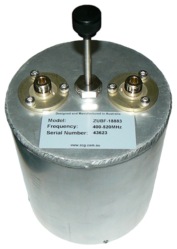 UHF single cavity band-pass filter, 400-520 MHz, specify 300 kHz 2 x N-type females, 100W - 150mm x 200mm