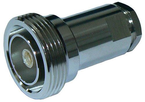 7/16" DIN female clamp-type low P.I.M. connector for MIL-SPEC RG213 stranded core coaxial cable, DC-3 GHz, 50 Ohms - tri-metal plated