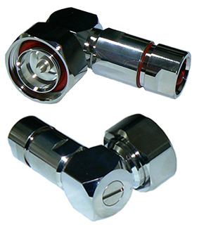 7/16" DIN right-angle male low P.I.M. connector for 1/2" flexible corrguated shielded, foam dielectric coaxial cable, ZCG1250, DC-3 GHz, 50 Ohms, 2kW - tri-metal plated