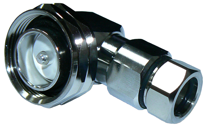 7/16" DIN right-angle male low P.I.M. connector for 1/2" super flexible helical, foam dielectric coaxial cable, ZCG1250SF, DC-3 Ghz, 50 Ohms - tri-metal plated
