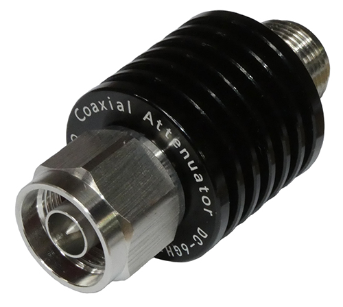 Fixed coaxial attenuator, DC-6 GHz, 10W, 5dB attenuation value, 1.3:1 VSWR, N-type male to N-type female