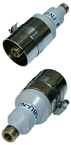 1-5/8" EIA unflanged to N-type female inter-series coaxial adaptor, 50 Ohms - painted brass and nickel plated