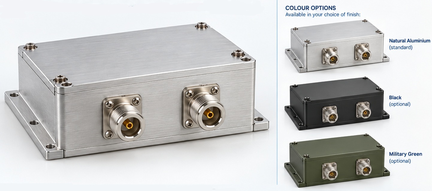 2.4 GHz 6-pole combline band-pass filter, 2.4-2.483 GHz, N-type female input/ouput - 102mm x 70mm x 44mm